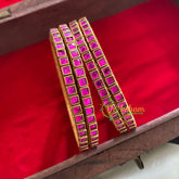 Single Line Magenta Pink Kundan Bangle-Glossy-G3601